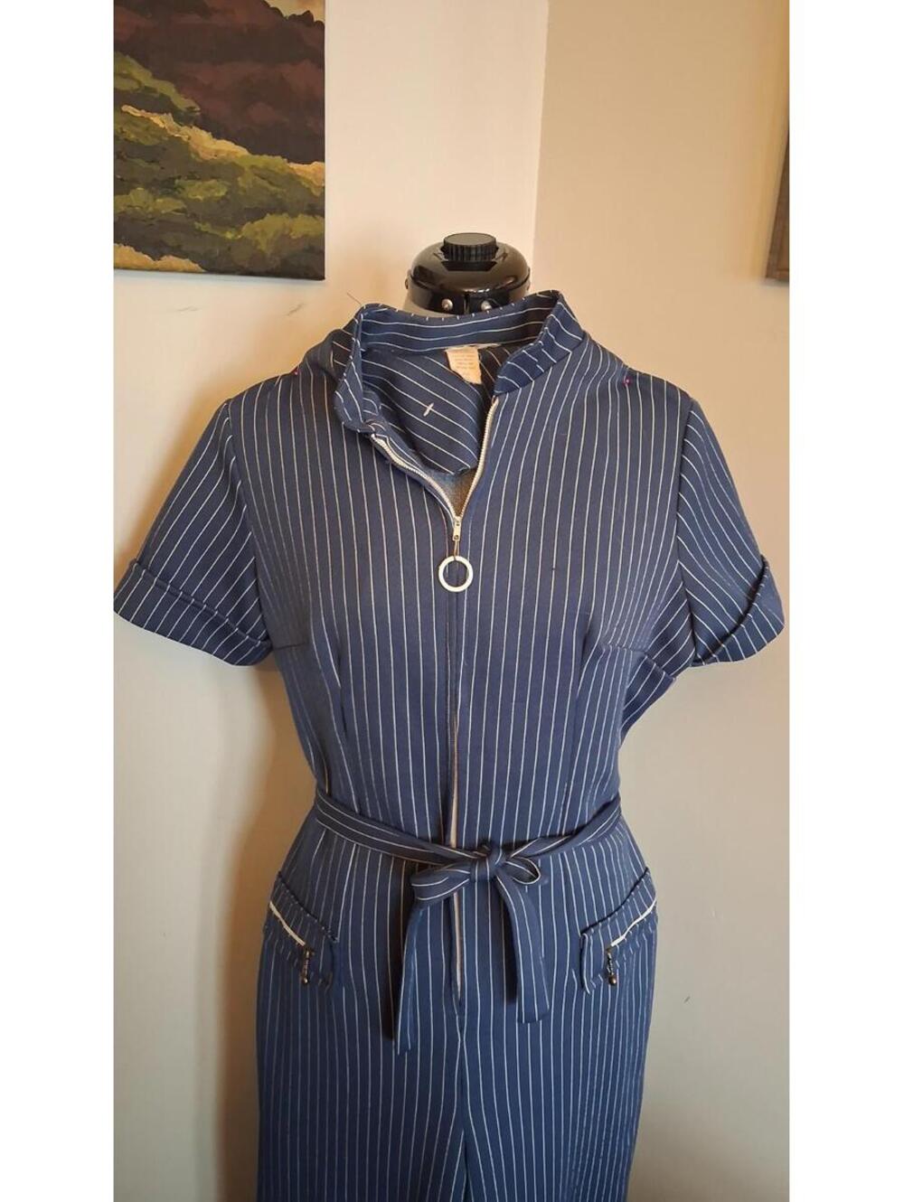 60s 70s Vintage Jumpsuit, Womens Polyester Sz M Striped Navy Disco Bodysuit